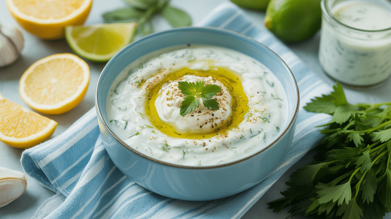 Bol de tzatziki maison entouré d'ingrédients