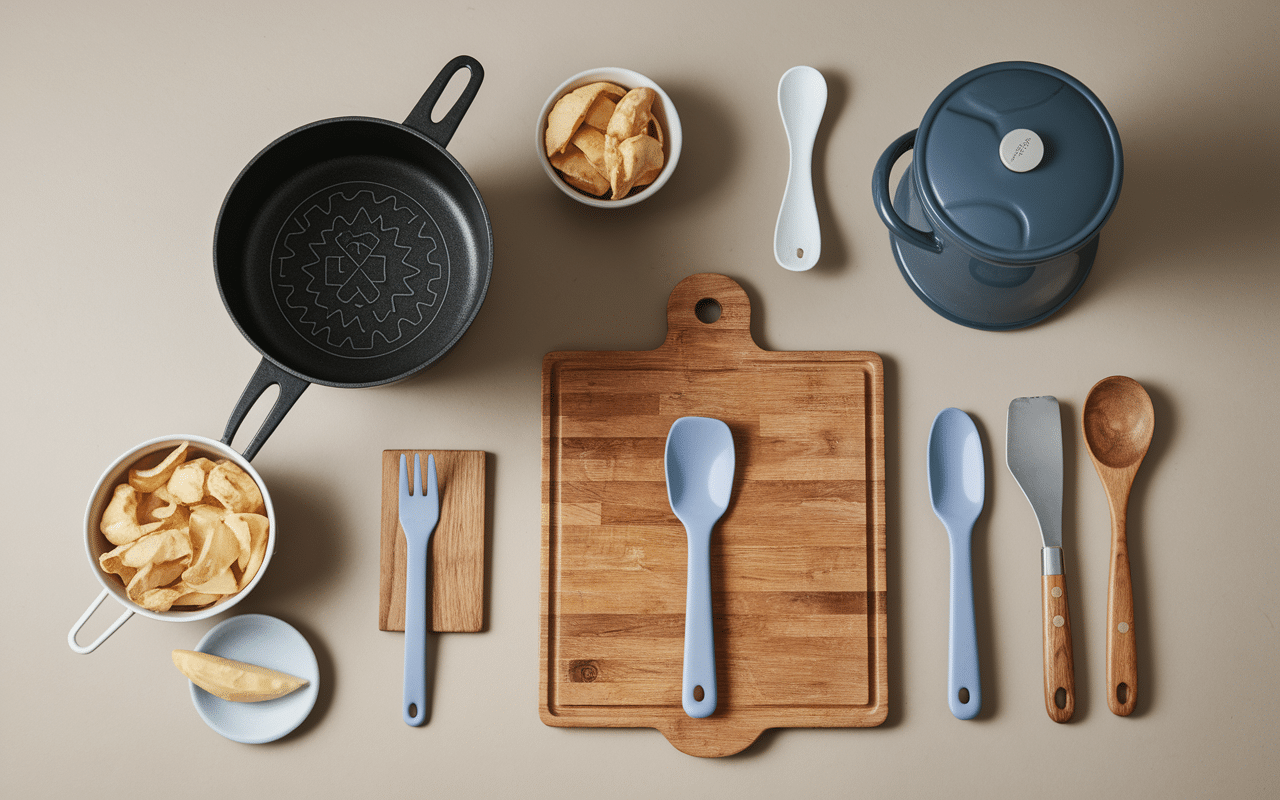 Ustensiles cuisine sur plan de travail bois