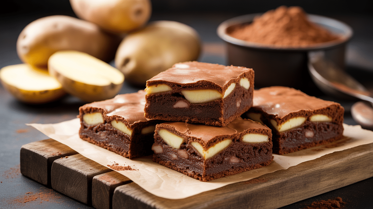 Brownie patate douce carré fondant sur planche avec patates douces