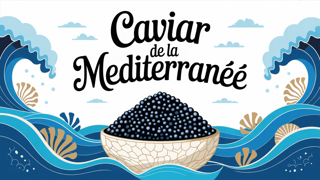 Caviar de la Méditerranée grains noir sur cuillère devant mer azur