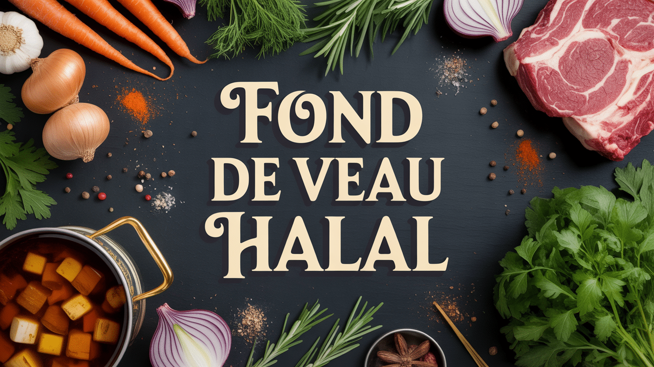 Bouillon fond de veau halal doré avec os, légumes et herbes