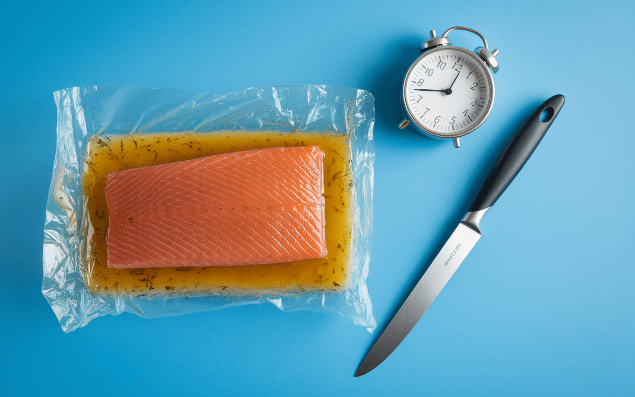 Préparation gravlax de thon enrobé, découpe et minuteur