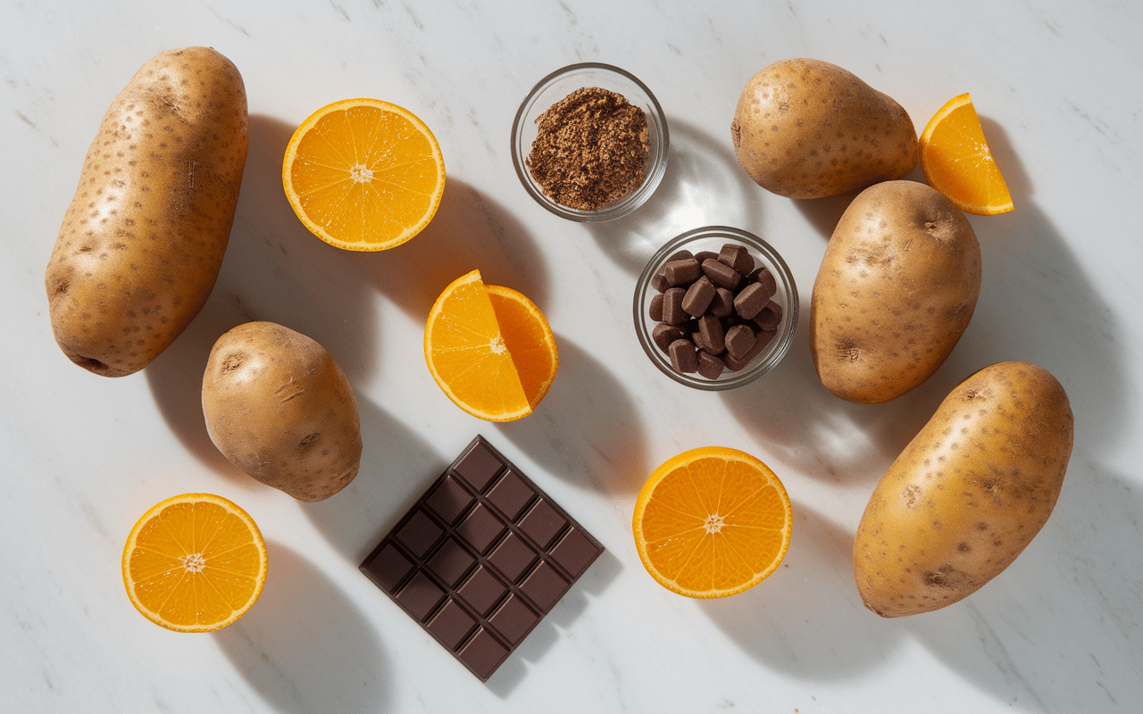 Ingrédients brownie patate douce et chocolat en plan