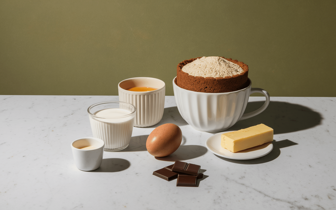 Ingrédients mug cake chocolat blanc sur marbre blanc