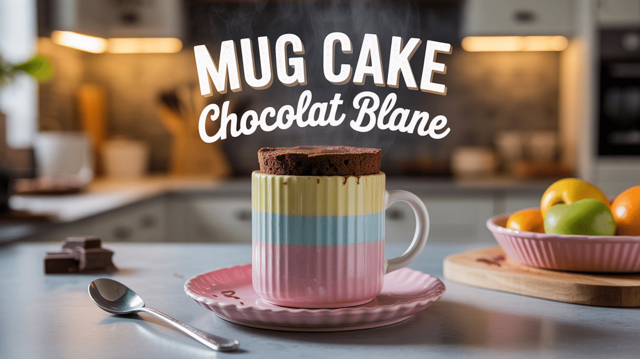 Dessert mug cake chocolat blanc moelleux dans tasse, pépites fondues