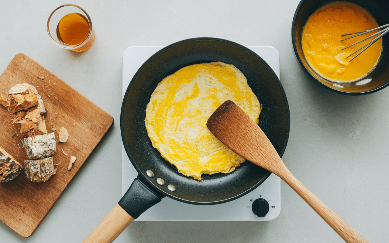 cuisson et préparation omelette à l'aillet en cuisine