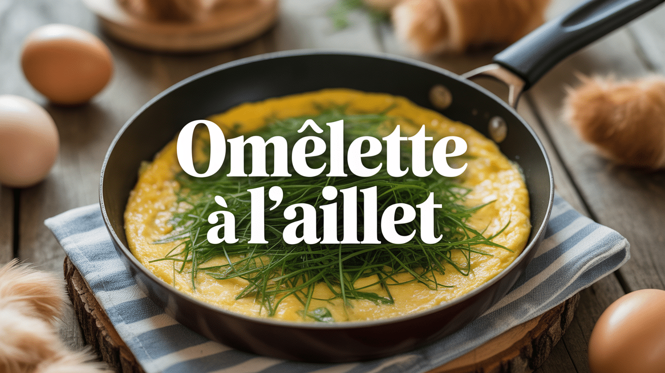 omelette à l'aillet dorée et moelleuse en poêle sur table bois