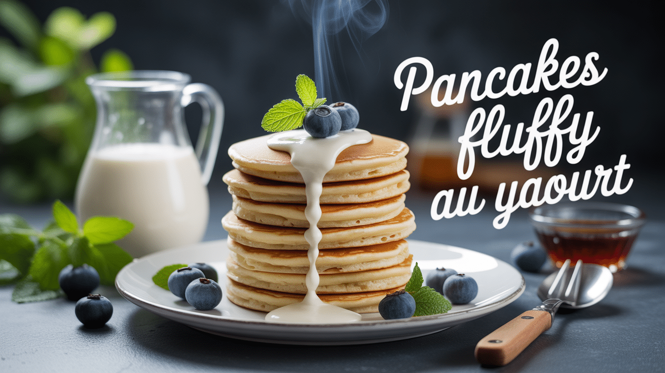 Stack pancakes fluffy yaourt assiette sirop myrtilles