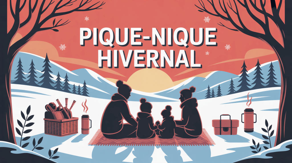 Scène de pique nique hivernal en famille dans la neige
