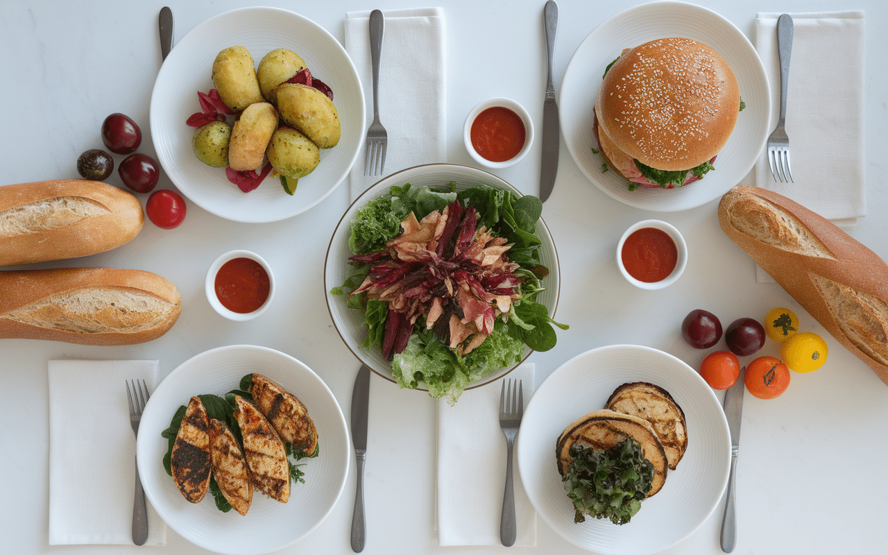 Table avec plats et sauce piment doux