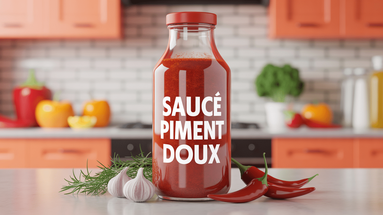 Bouteille de sauce piment doux et ingrédients en cuisine