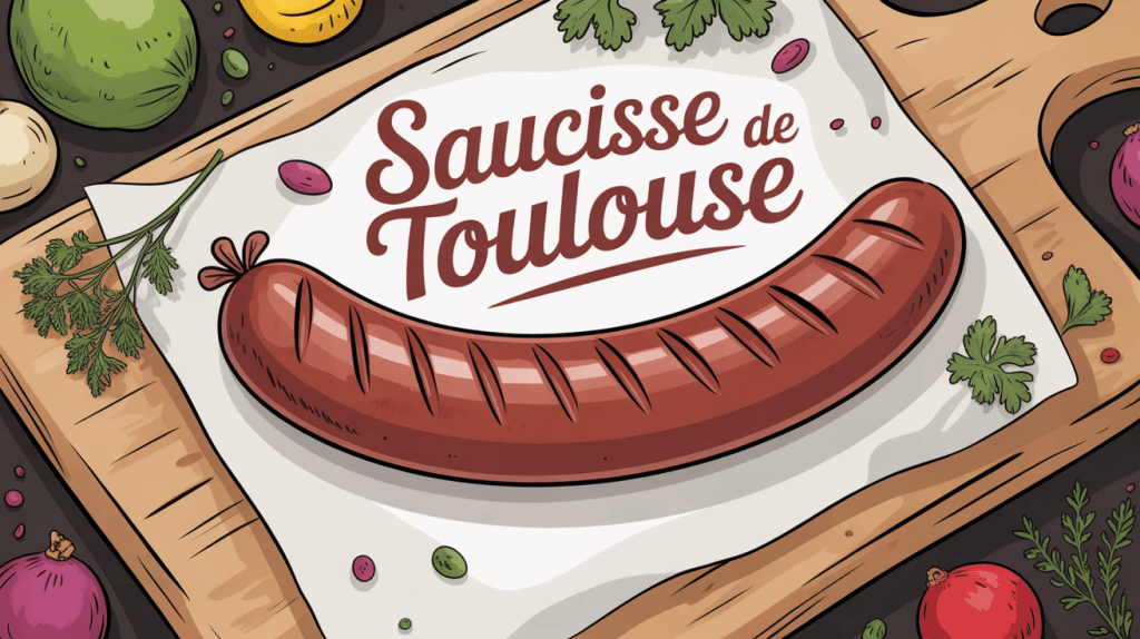 Saucisse de Toulouse accompagnement sur planche bois et legumes