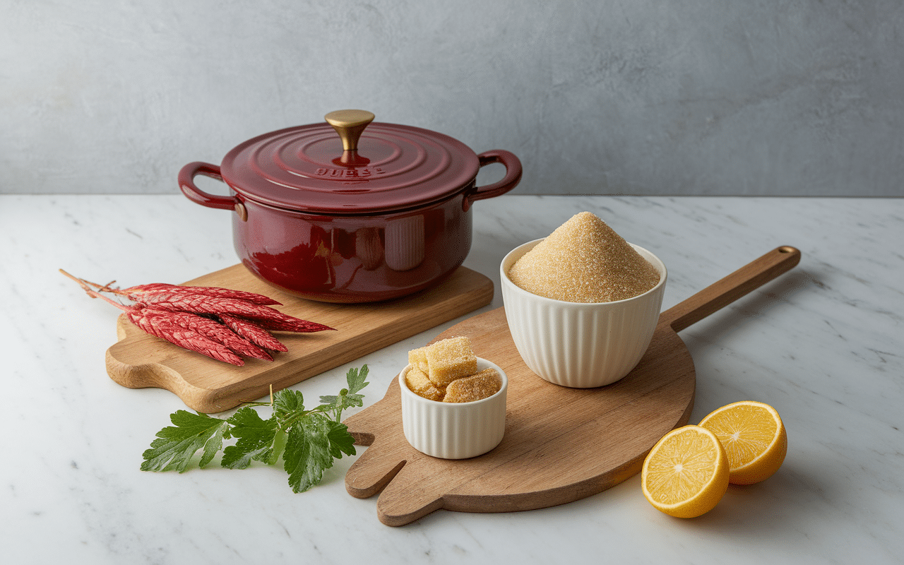 Préparation maison de sirop de groseille avec ustensiles