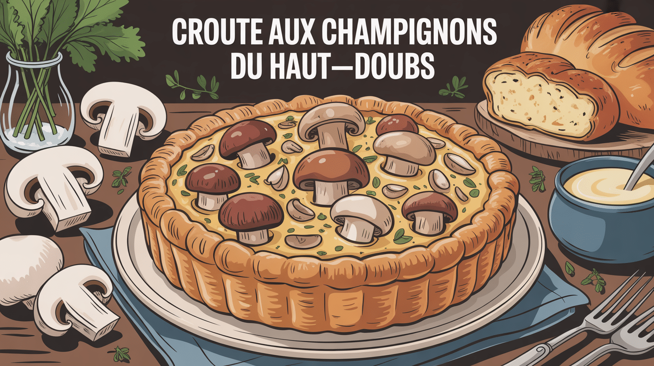 vrai recette croûte aux champignons du Haut-Doubs dorée sur table rustique