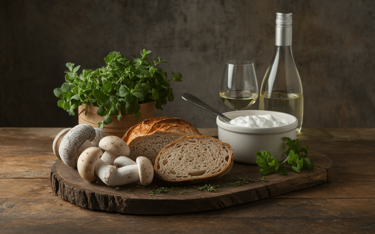 ingrédients vrai recette croûte aux champignons du Haut-Doubs avec pain, crème, champignons
