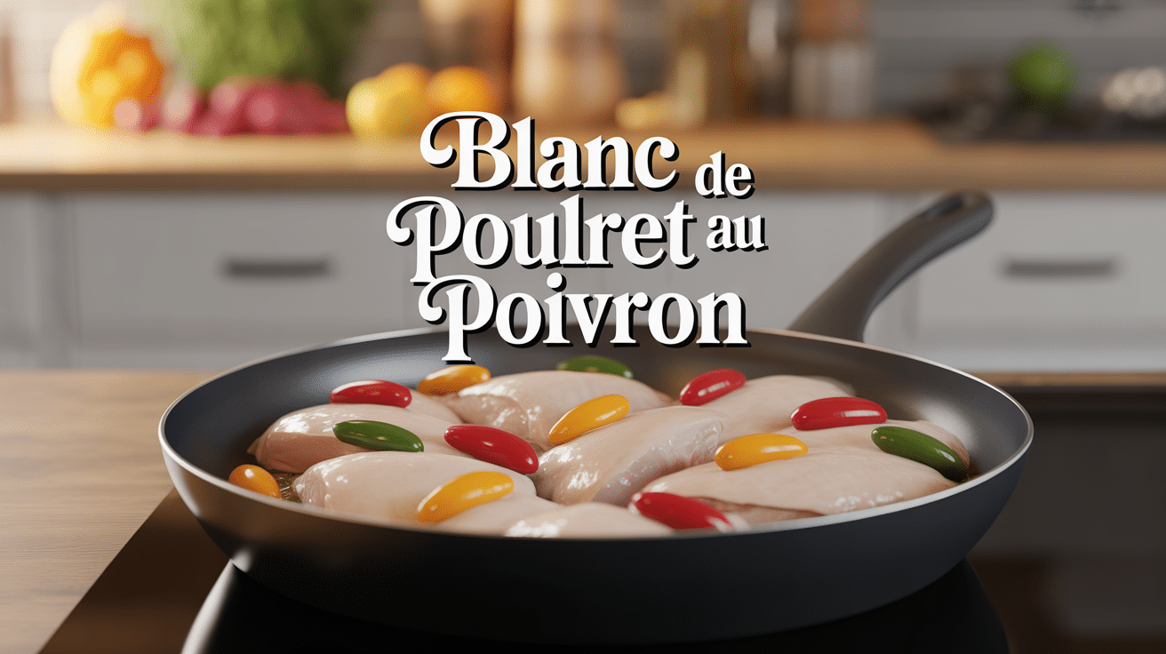 blanc de poulet au poivron dans poêle avec poivrons tricolores