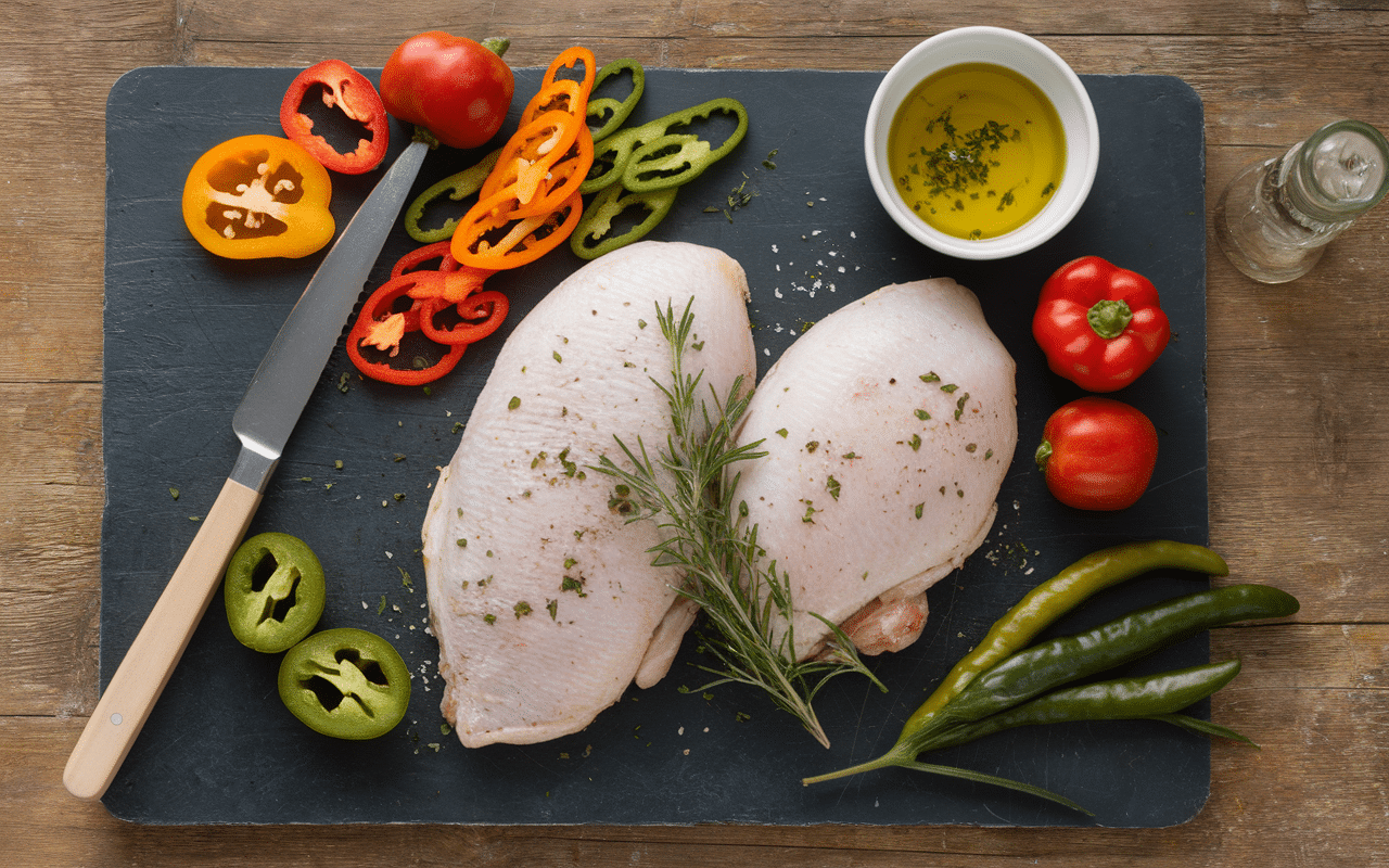 préparation blanc de poulet au poivron avec poivrons et herbes