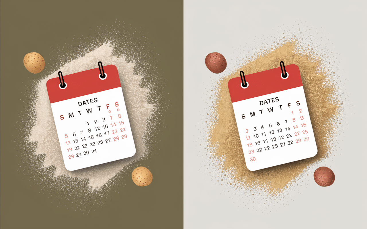 Emballage poudre d'amande périmée avec dates et calendrier
