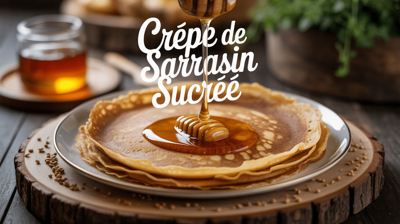 crepe sarrasin sucre avec miel doré sur assiette en bois