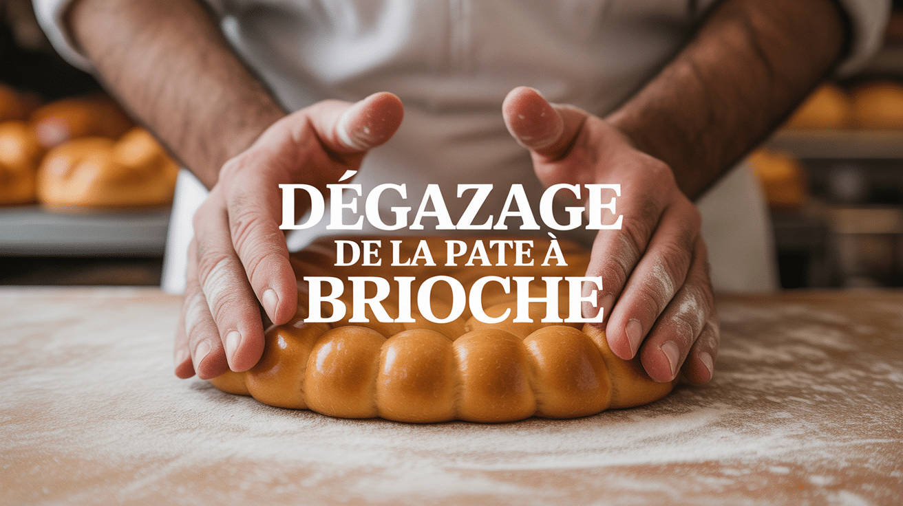 Mains dégazant une pâte à brioche dorée sur plan fariné