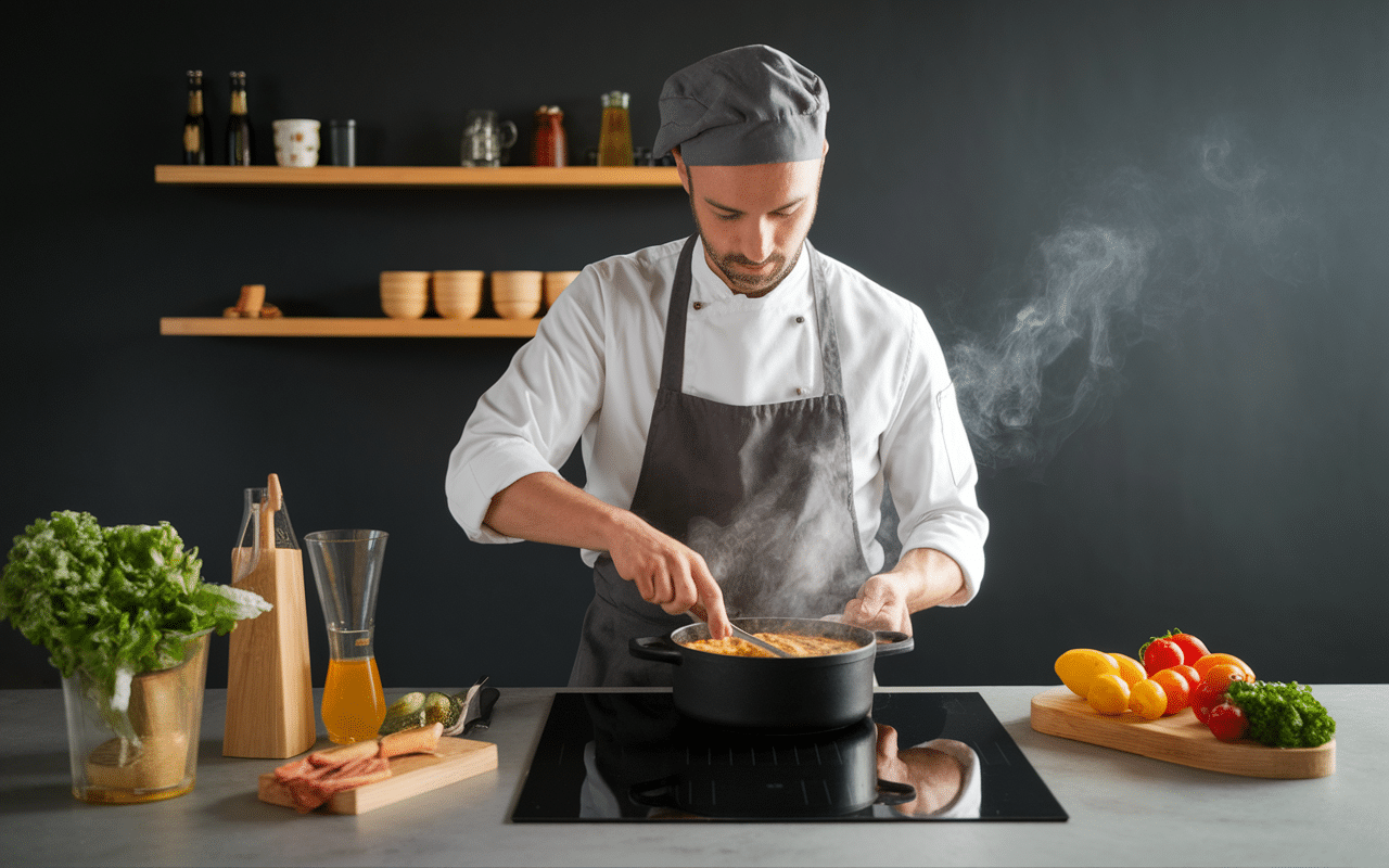 Chef cuisinant avec graisse de porc en cuisine moderne