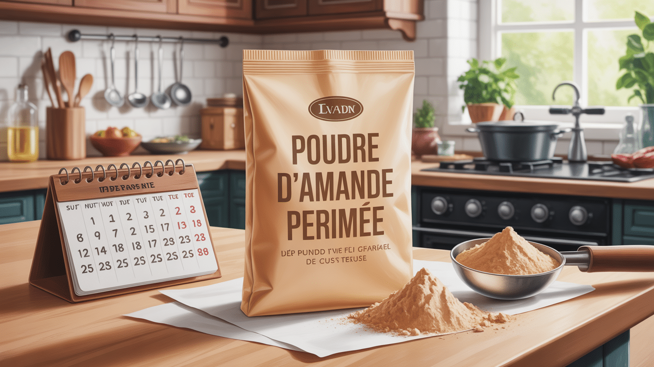 Poudre d'amande périmée sur plan de travail avec date dépassée