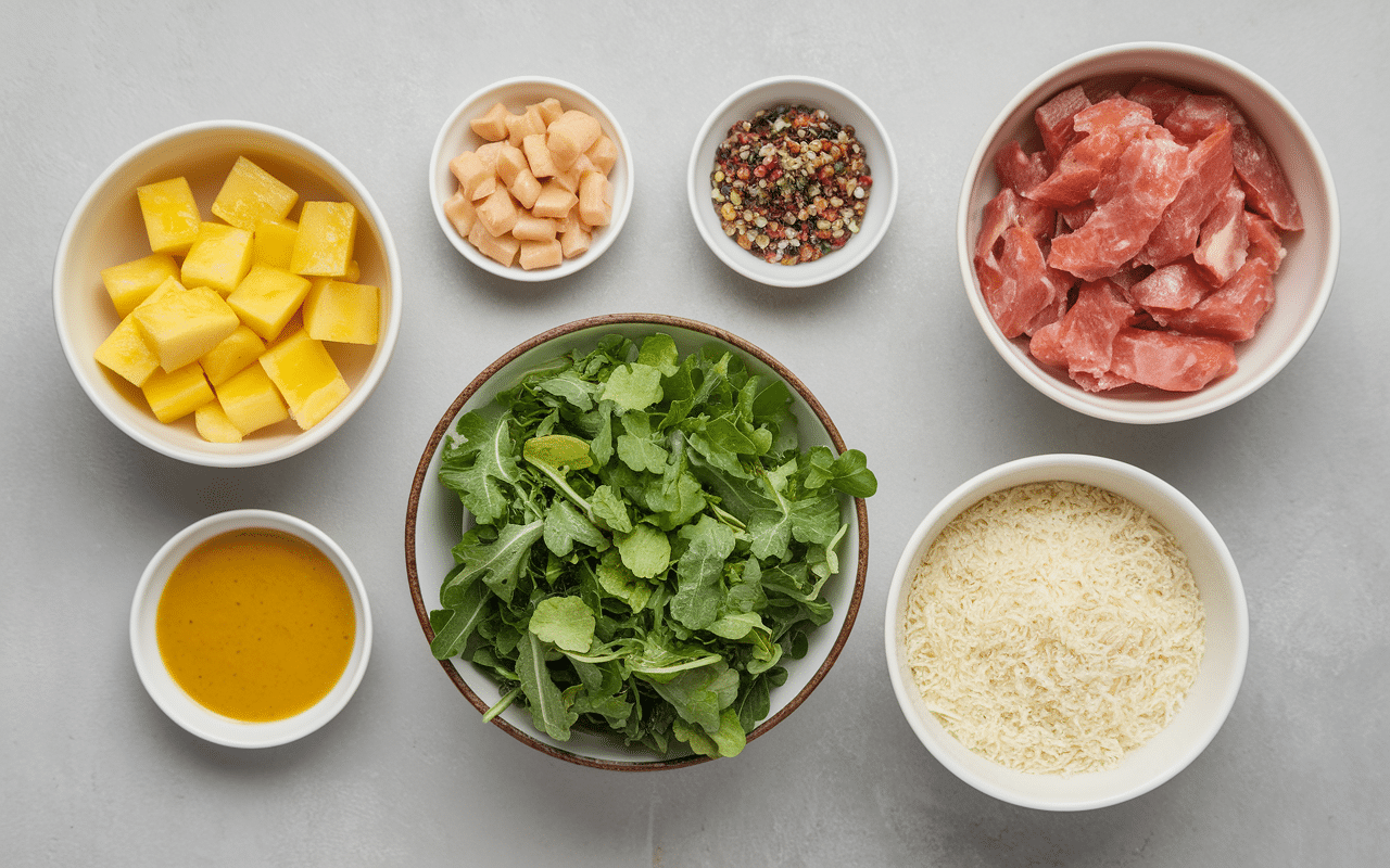 Ingrédients salade ananas surimi prêts à assembler