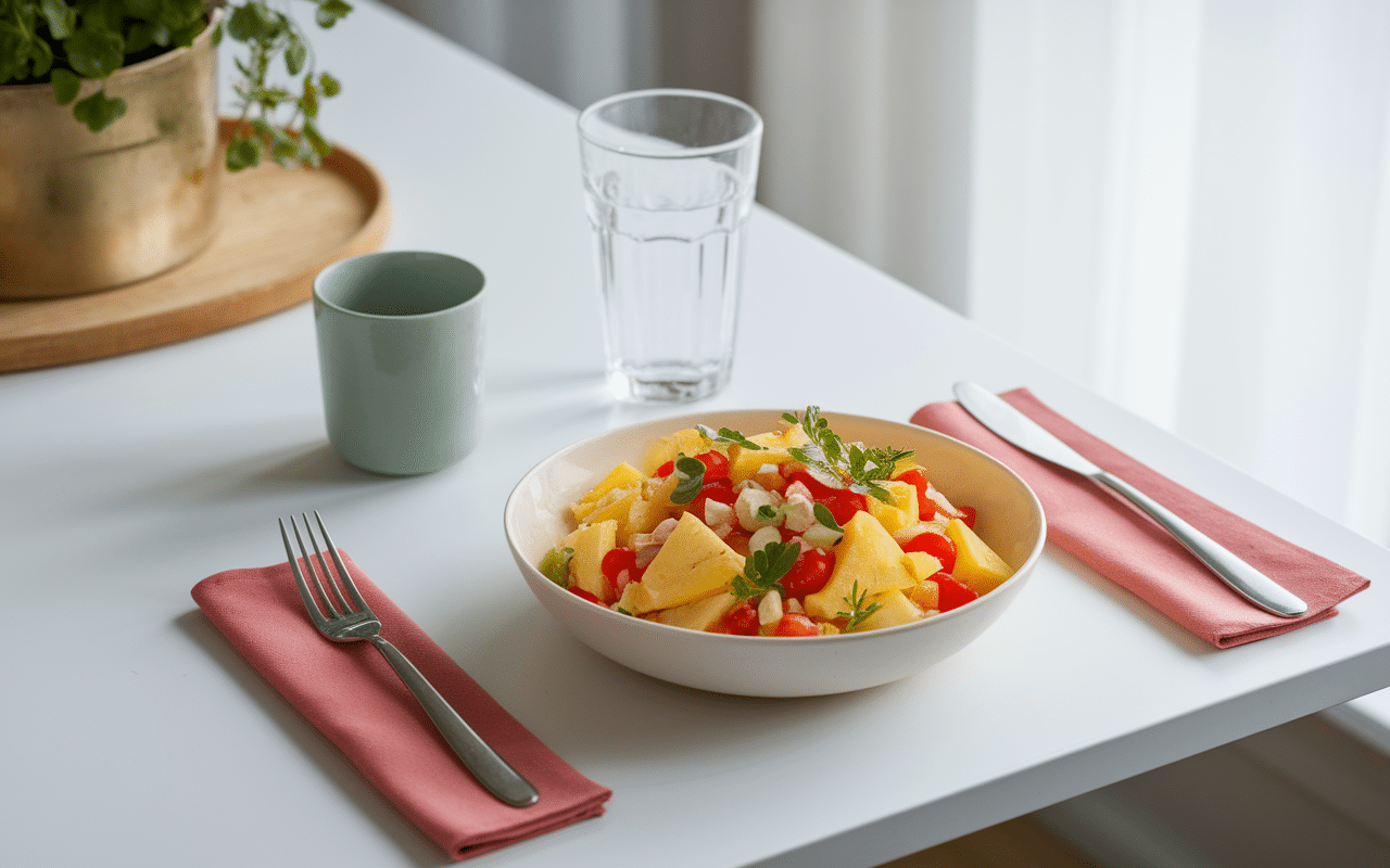 Assiette salade ananas surimi déjeuner sain
