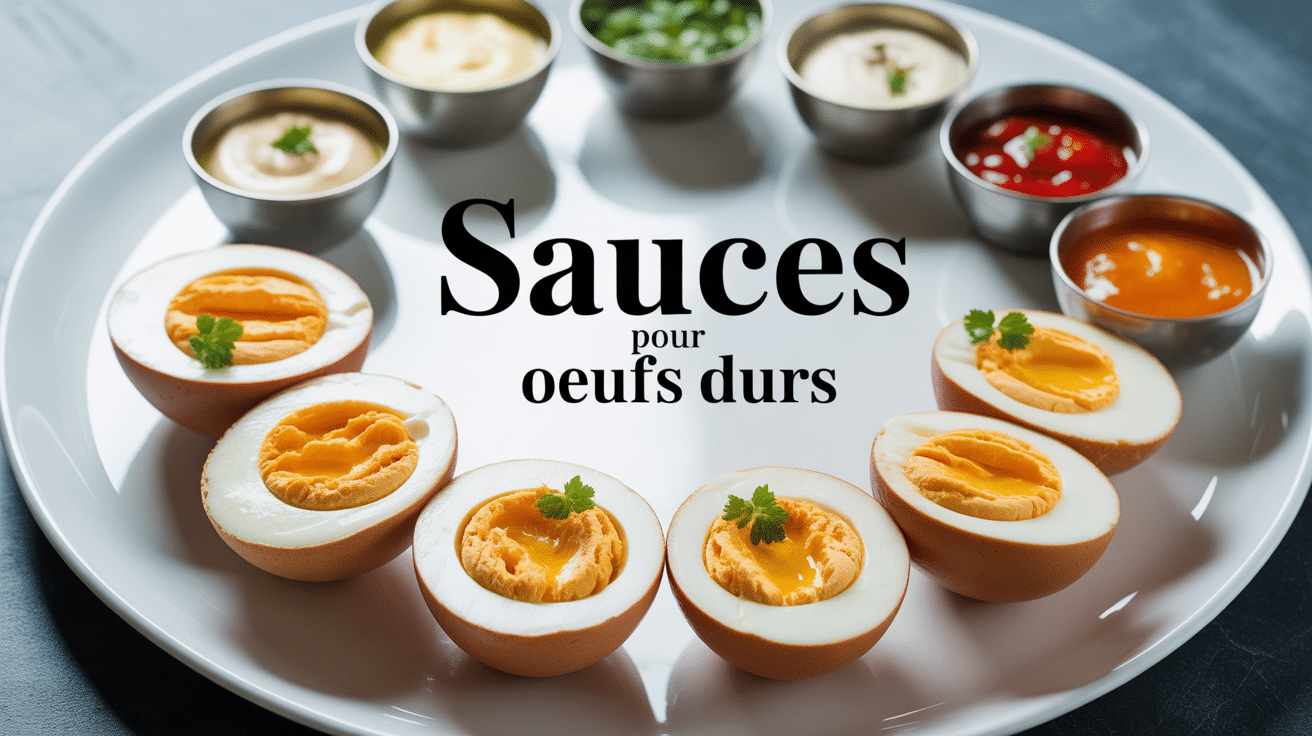 Œufs durs et sauces pour oeufs durs sur assiette blanche