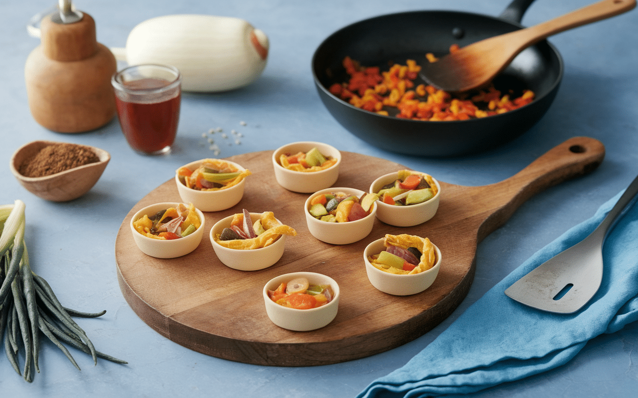 Préparation tartelette légumes pâte et légumes précuits
