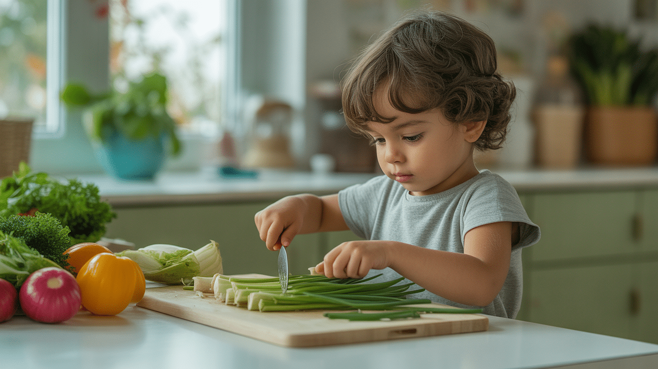 enfant découpe légumes avec couteau enfant apprentissage sécurisé