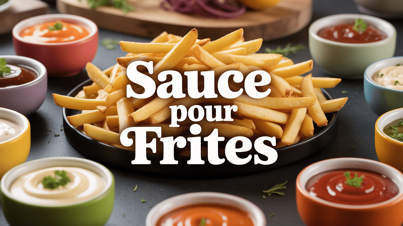 Assiette de frites entourée de sauces pour frites variées