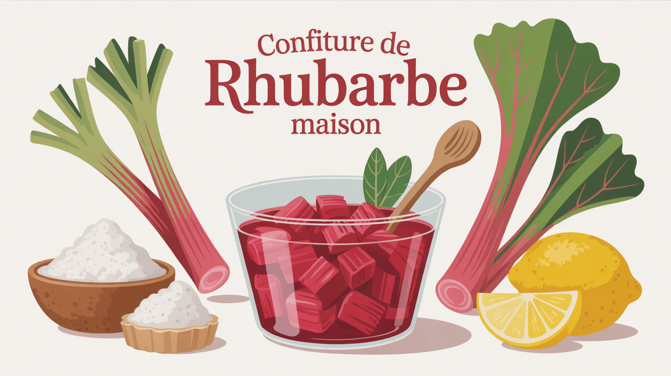 Confiture de rhubarbe maison pot verre et tiges fraîches