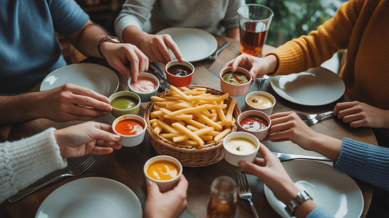 Groupe d'amis partageant des frites avec sauces pour frites