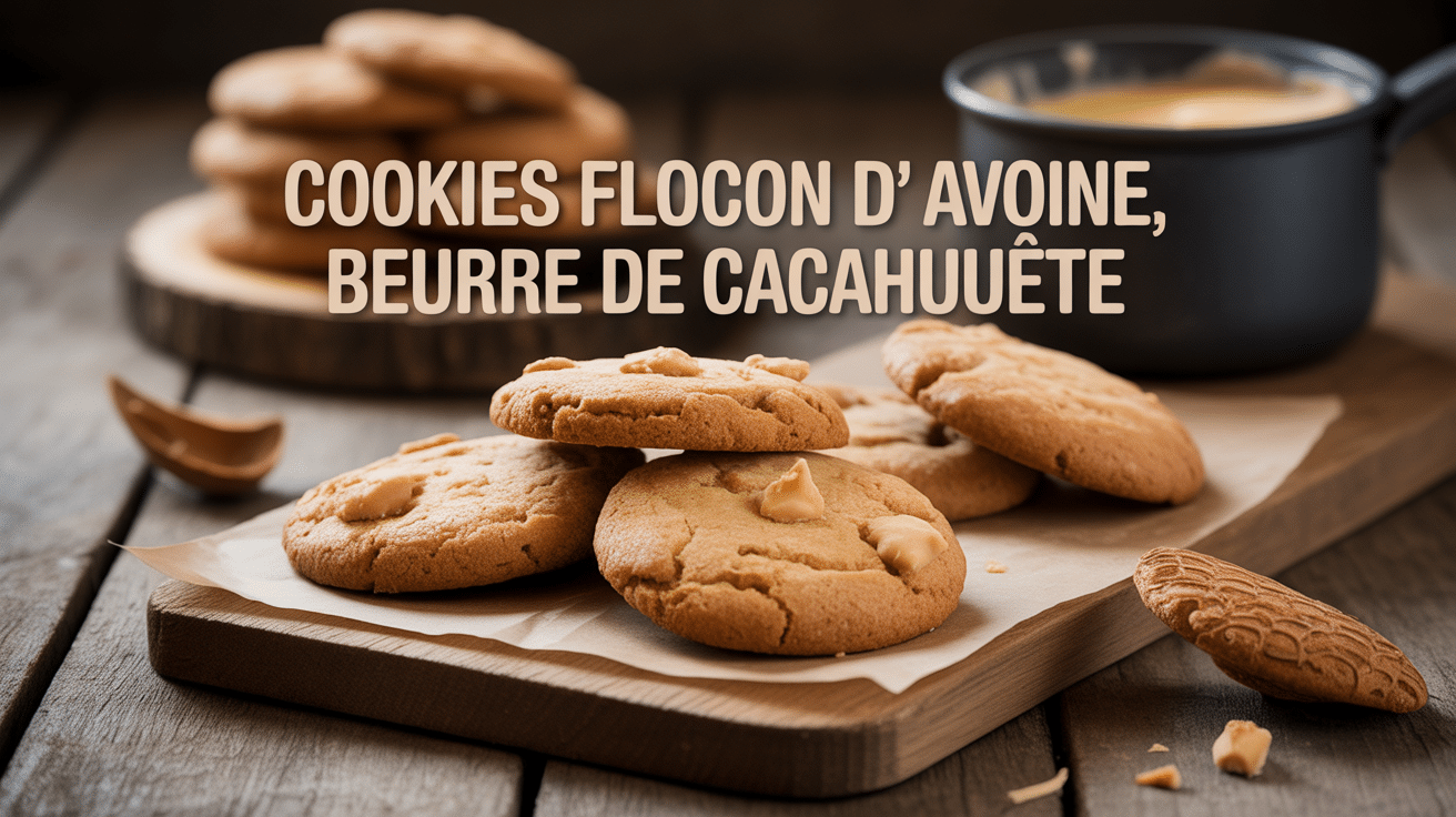 cookie flocon d'avoine beurre de cacahuete dorés sur planche avec pot de beurre de cacahuete