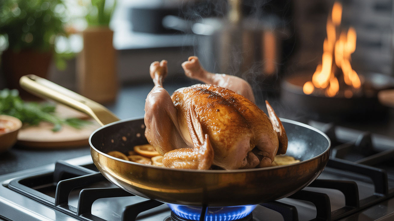 Poulet au thym et citron dans poêle, peau dorée
