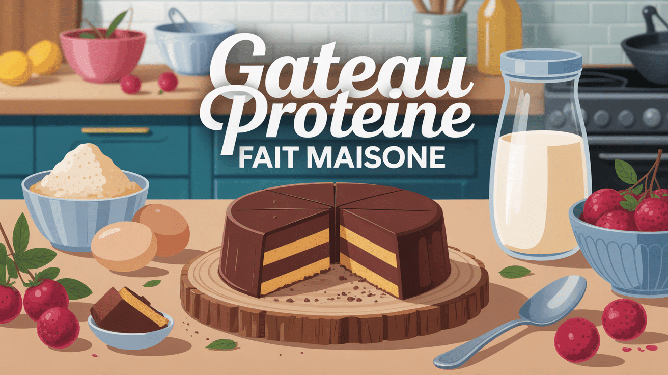 gâteau proteine fait maison chocolat moelleux et ingrédients sur plateau