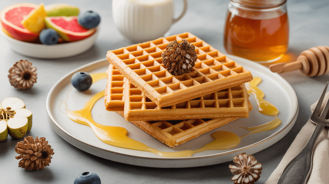 gaufre flocon d’avoine dorée avec fruits frais et miel