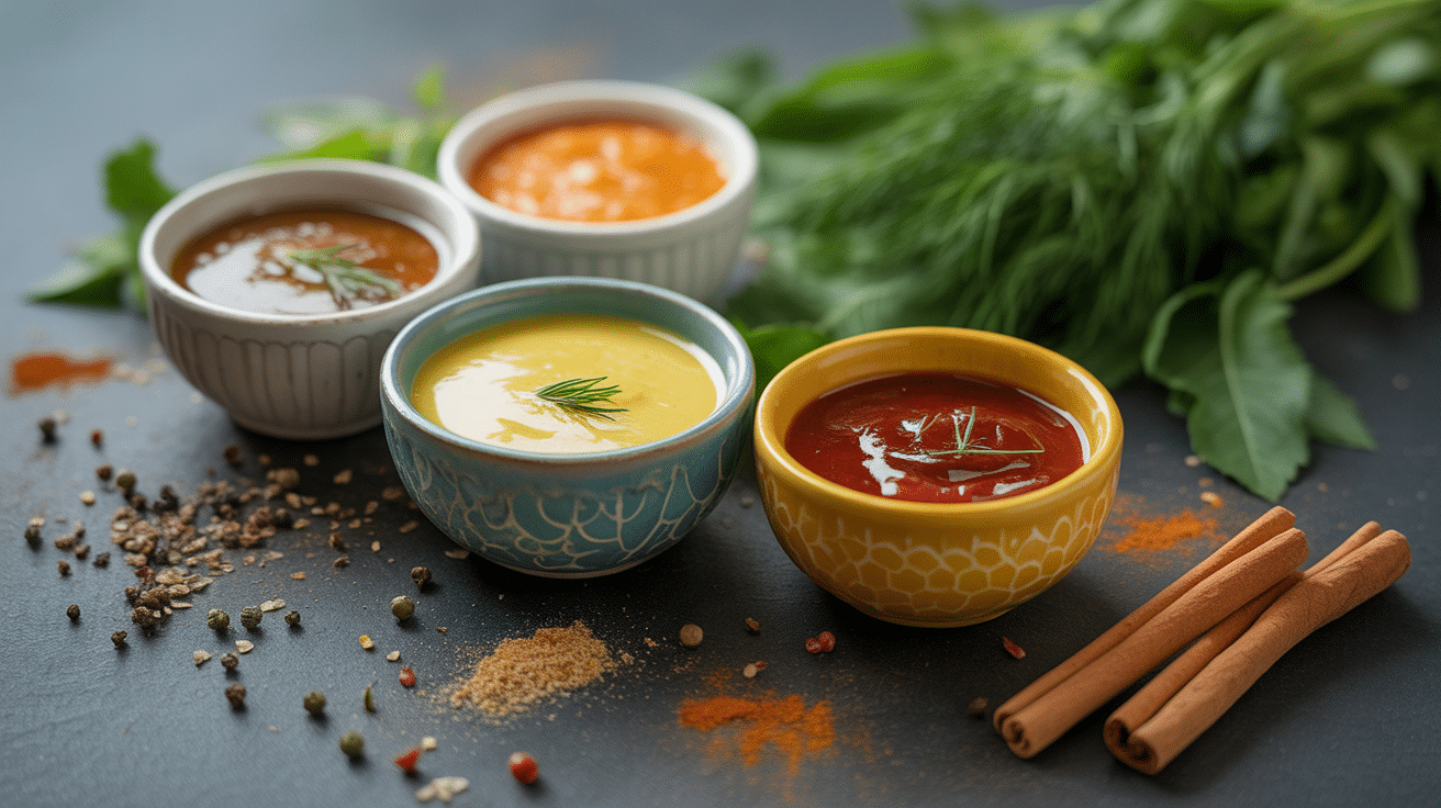 Assortiment sauces au miel pour salade et épices