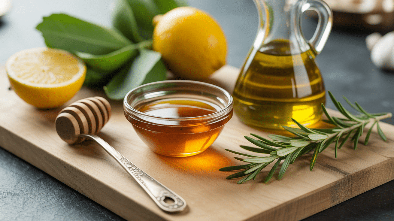 Ingrédients de sauce au miel pour salade sur plan de travail