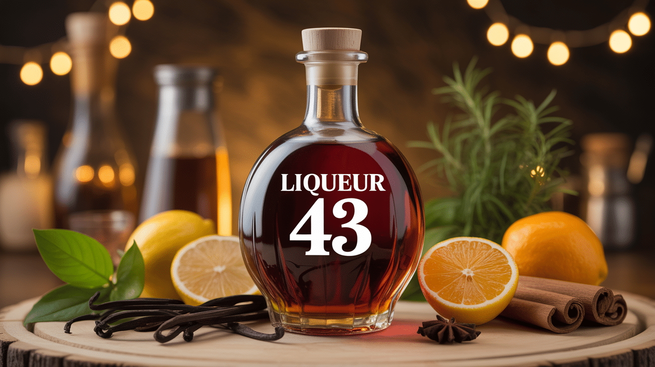liqueur 43 bouteille dorée entourée d'ingrédients naturels