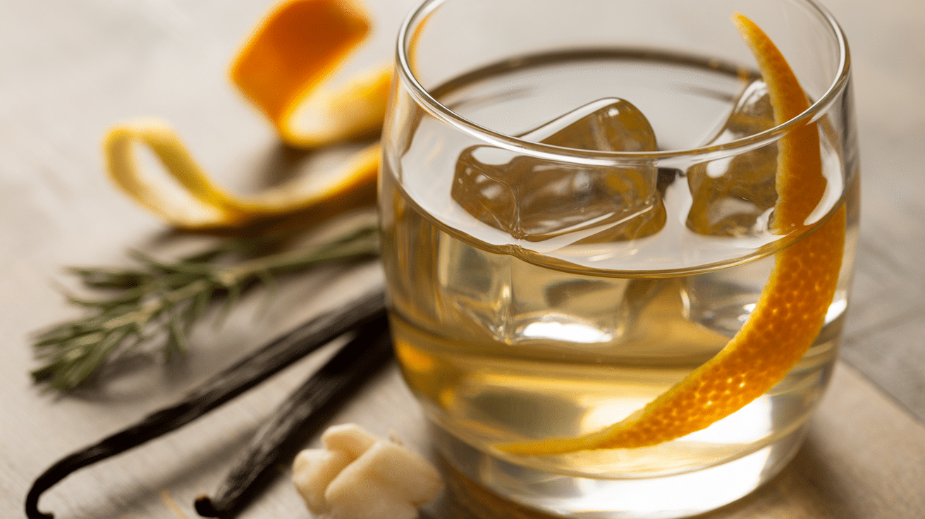 martini blanc verre glacé avec zestes et épices