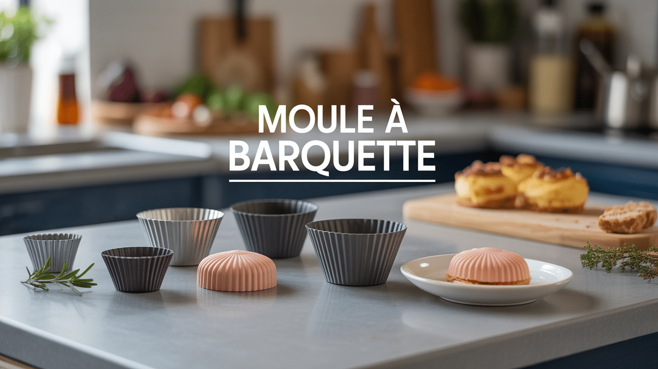 Moules à barquette métalliques et silicone sur plan de travail