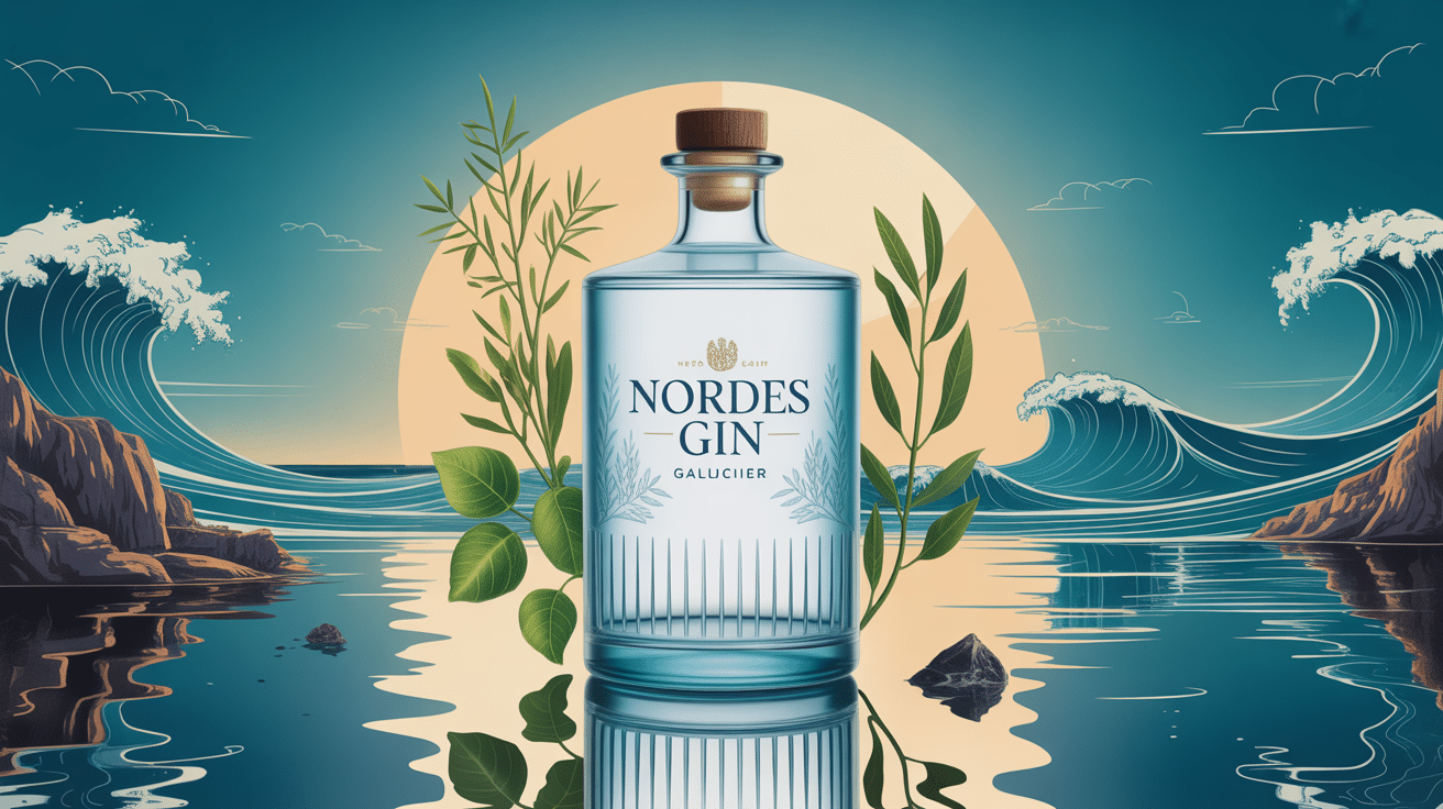 nordes gin bouteille et botaniques sur fond ocean premium