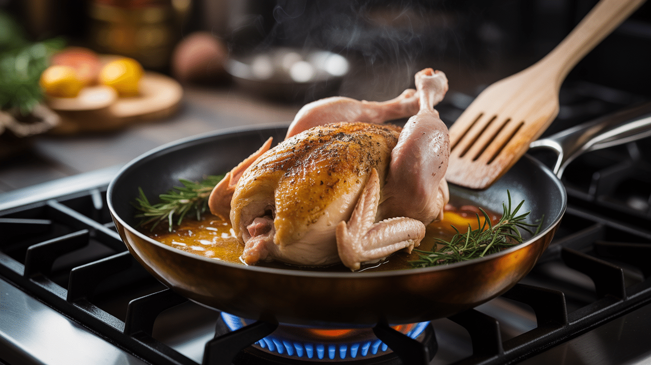 Poulet au thym et au citron en train de cuire dans poêle