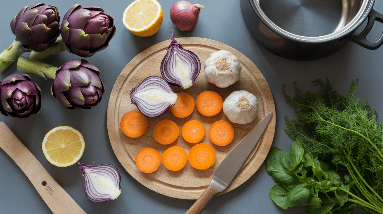 Préparation artichauts et légumes en barigoule