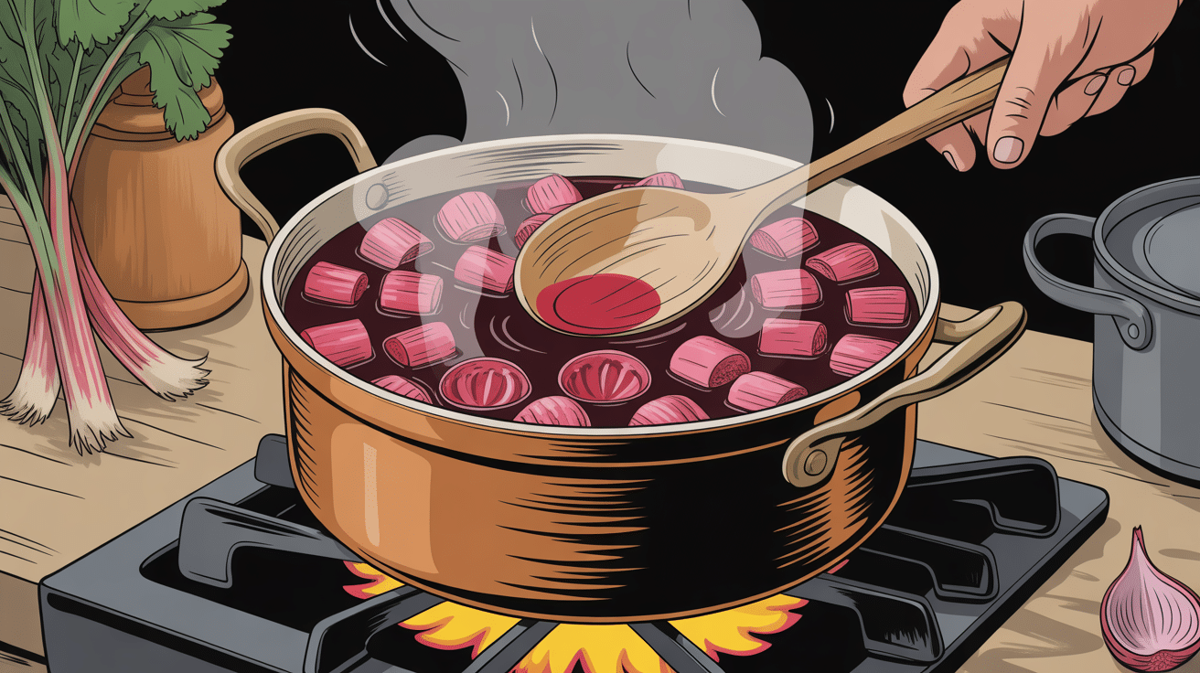 Cuisson confiture de rhubarbe feu bassine cuivre