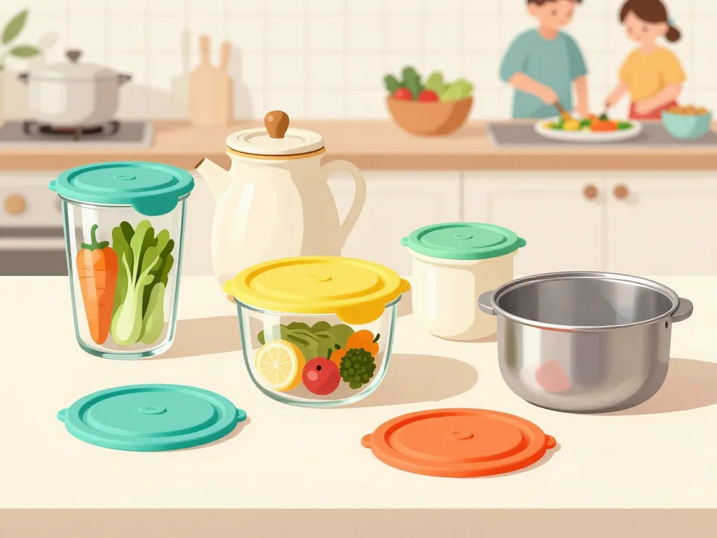 Couvercle en silicone sur contenants variés, usage pratique