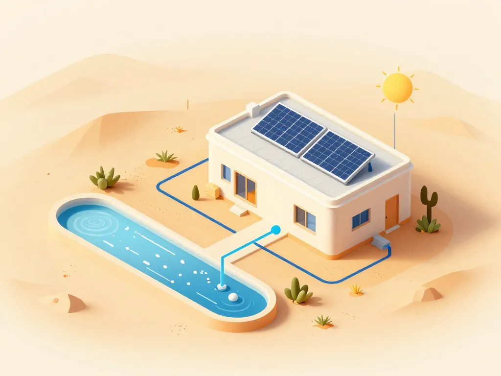 Maison dans le desert diagramme autonomie eau energie