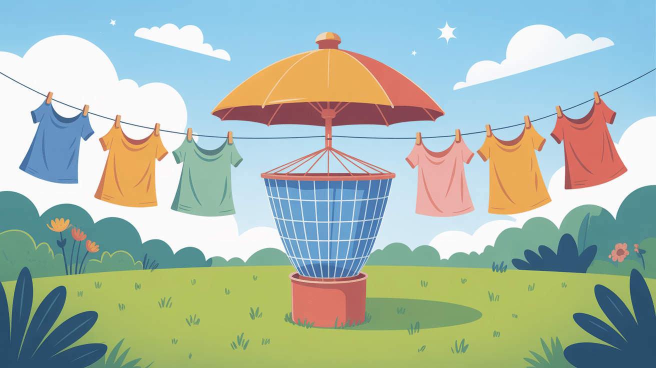 séchoir parapluie lidl ouvert dans un jardin ensoleillé